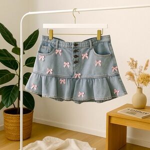 Sweet Society Light Blue Denim & Pink Bow Pleated Mini Skirt Plus Size 1